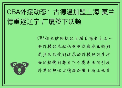 CBA外援动态：古德温加盟上海 莫兰德重返辽宁 广厦签下沃顿